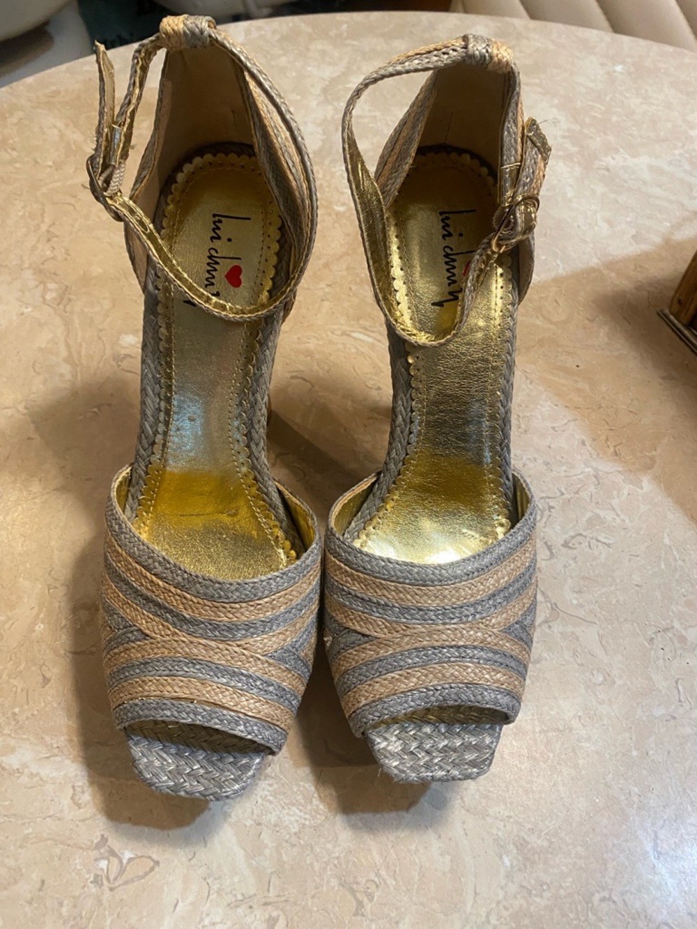 Luichiny Gold and Tan Woven Ankle-Strap Platform Heels